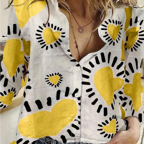 Boho Heart Print Button Down Up Shirt Top Blouse - Picture 3 of 11